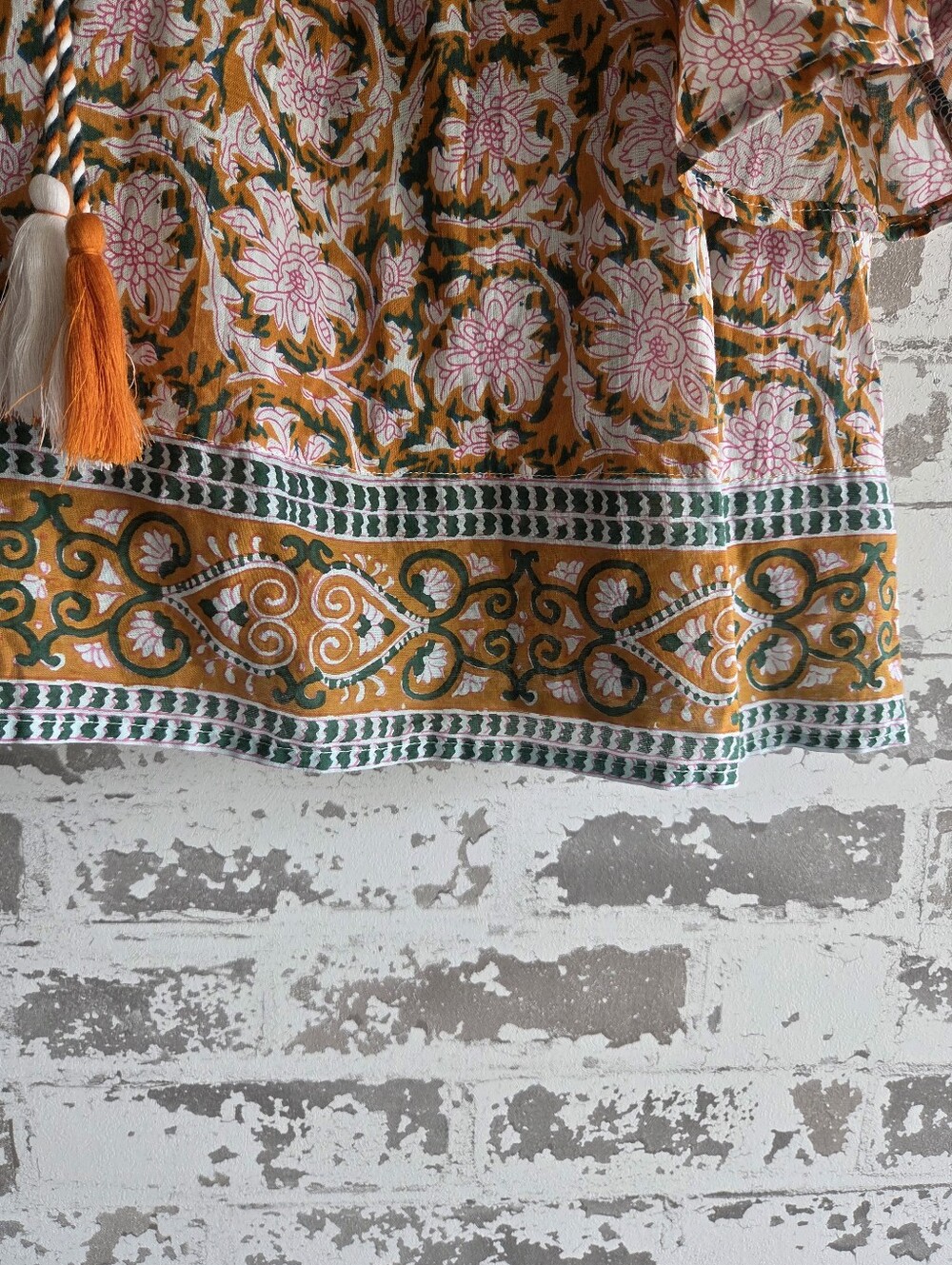 ​Sigrid Olsen Cotton Block Print Boho Blouse Tassel Tie Size L - Picture 5 of 12